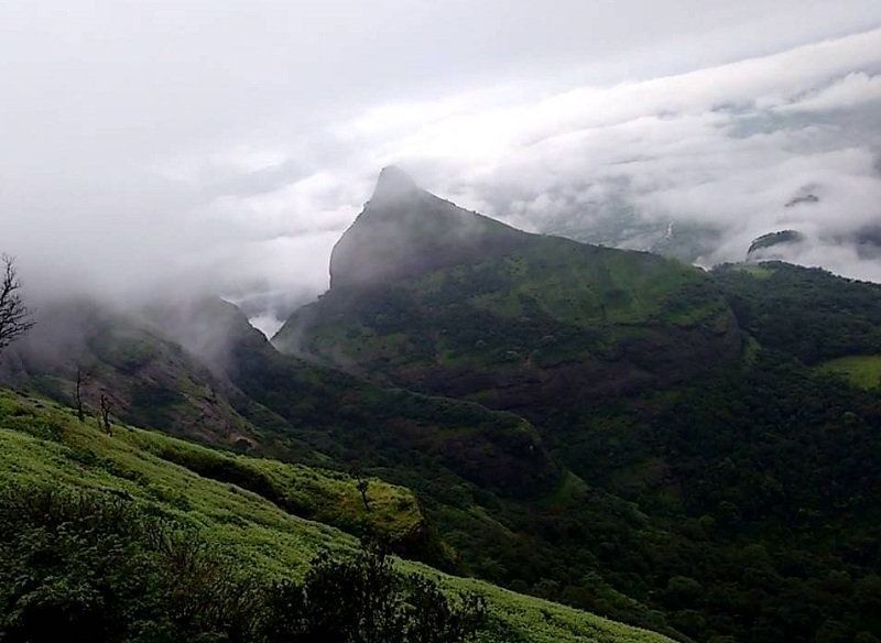 Scenic view of lush green mountains and mist in a valley.