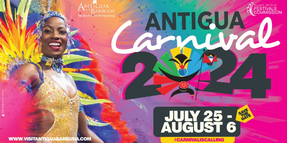 Promotional poster for Antigua Carnival 2024 features a woman in an ornate, feathery costume with bold text.