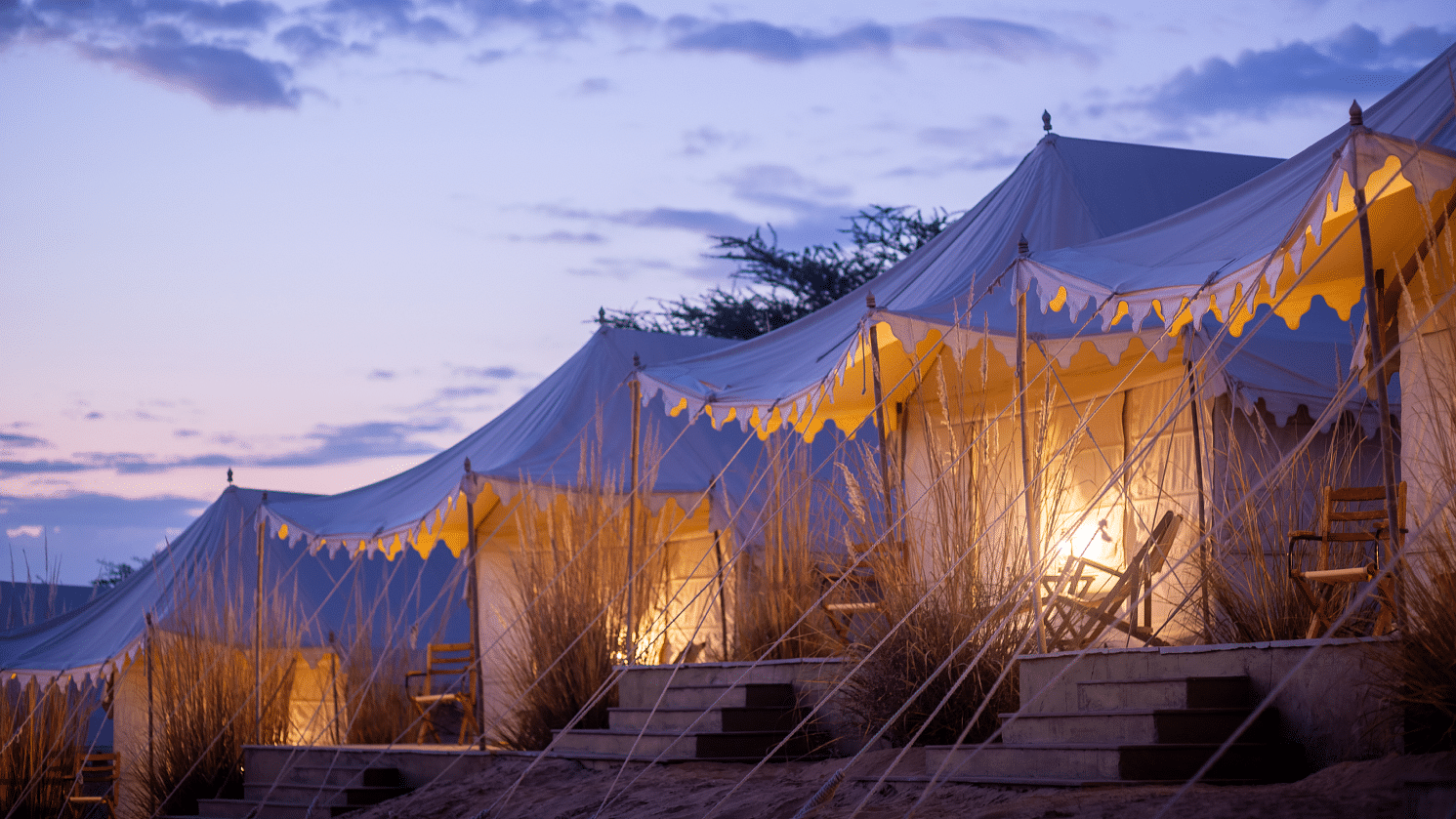 Tents in the Thar desert during sunset