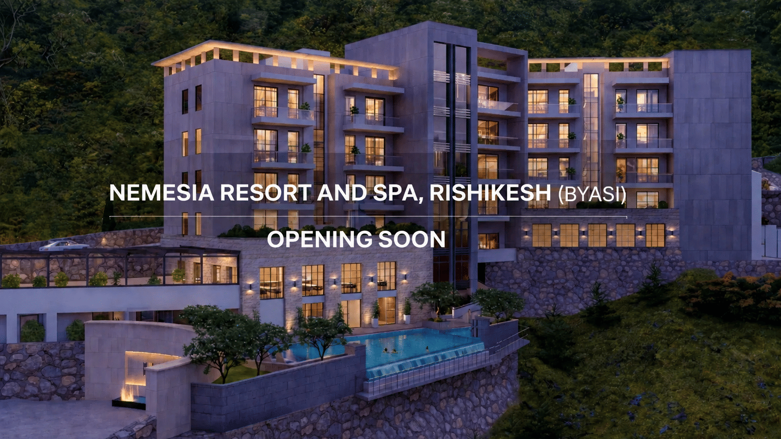 Exterior render of Nemesia Rishikesh hotel — a modern multi-storey building with warm-lit balconies, large windows, and a swimming pool, set against a lush forested hillside at dusk.