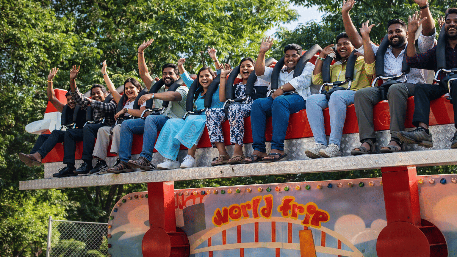 Corporate group participating in an outdoor team building game at MGM Beach Resorts, Chennai.