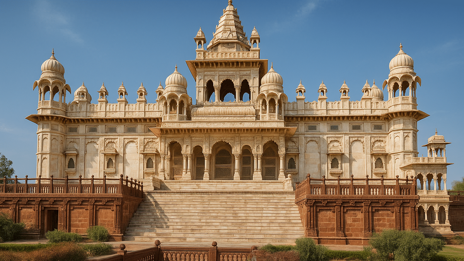 Front view of Jaswant Thada in Jodhpur, showcasing its intricate white marble architecture, domes, and steps under a clear blue sky.