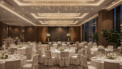 A grand ballroom at KPG Sarovar Portico, Raj Nagar Extension, Ghaziabad, hotel prepared for a formal event with numerous circular dining tables, and a large rectangular chandelier.