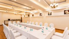 Spacious banquet hall arranged for meetings and events at Pride Ashiyana Resort Mussoorie.