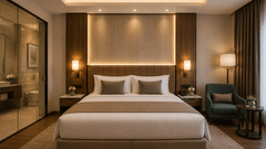 Standard Room at Tulip Inn Bidar featuring a double bed, bedside tables with lamps, an armchair with a small round table, and a glass-enclosed bathroom.