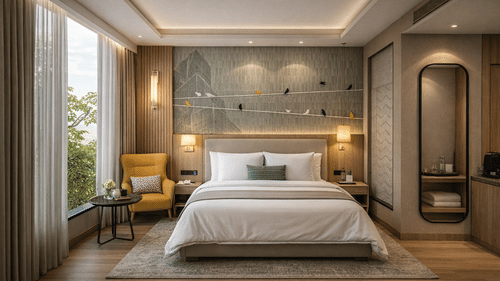 A Deluxe King Room at KPG Sarovar Portico, Raj Nagar Extension, Ghaziabad, with a king size bed, a plush armchair, and a decorative wall panel depicting birds on a wire.