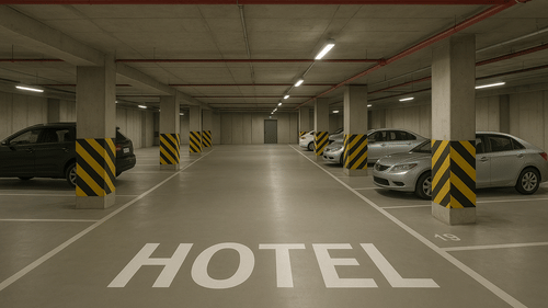 Underground parking area marked for hotel guests at La Maison Hotel, Doha.