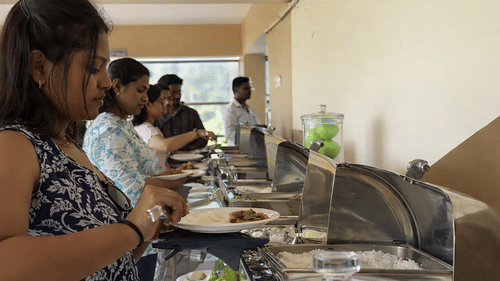 Guests enjoying buffet lunch during a corporate event at MGM Beach Resorts, Chennai.