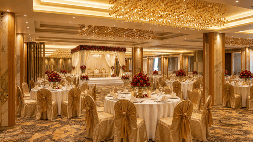 An elegant banquet hall is beautifully arranged with round tables and chairs - Pride Elite Himmatnagar, Gujarat