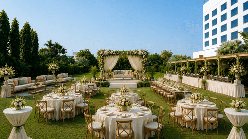 Outdoor lawn with round banquet tables, white décor and a central stage setup at Pride Elite Phaltan.