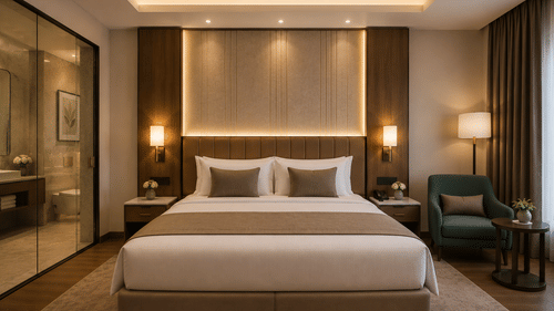 Standard Room at Tulip Inn Bidar featuring a double bed, bedside tables with lamps, an armchair with a small round table, and a glass-enclosed bathroom.