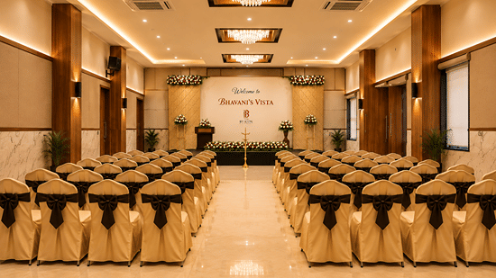 Event hall arranged theatre-style with rows of covered chairs facing a stage at Bhavani's Vista By Icon, Hosur.   