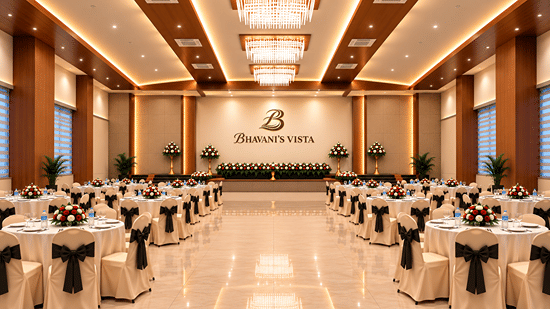 Grand banquet hall set up with dining tables and formal chair covers for an event at Bhavani's Vista By Icon, Hosur.   