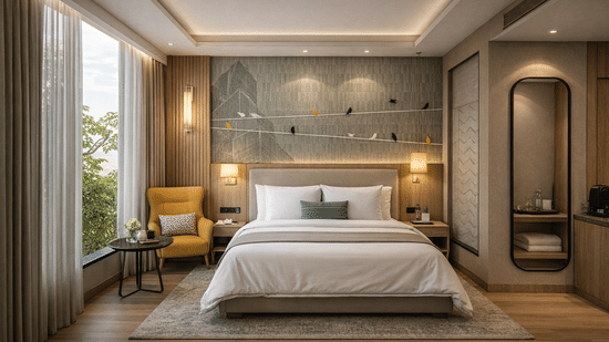 A Deluxe King Room at KPG Sarovar Portico, Raj Nagar Extension, Ghaziabad, with a king size bed, a plush armchair, and a decorative wall panel depicting birds on a wire.