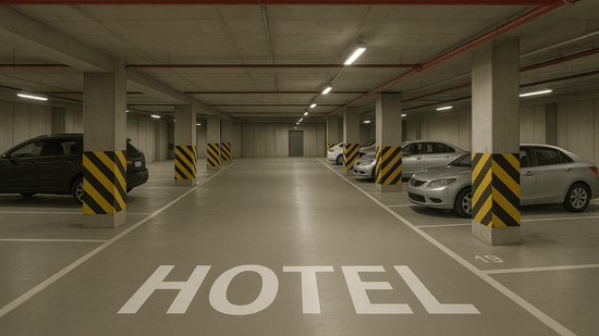 Underground parking area marked for hotel guests at La Maison Hotel, Doha.