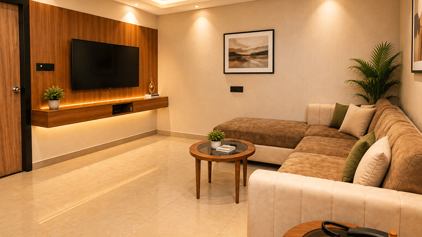 Spacious guest suite featuring a living area with L-shaped sofa and wall-mounted TV at Bhavani's Vista By Icon, Hosur.   
