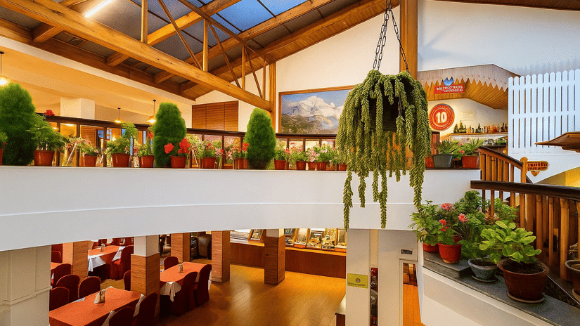 Dining space at Central Heritage Resort and Spa featuring two storeys: the ground floor is an Orchid Restaurant and the floor above is a Sunset Bar and Lounge