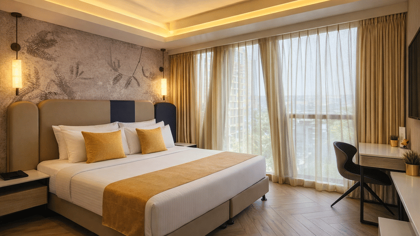 Modern hotel room at Dragonfly Hotel-The Art Hotel with large bed, white linens, mustard accent pillows, wall mural, pendant lights, desk with lamp, and window with sheer curtains.