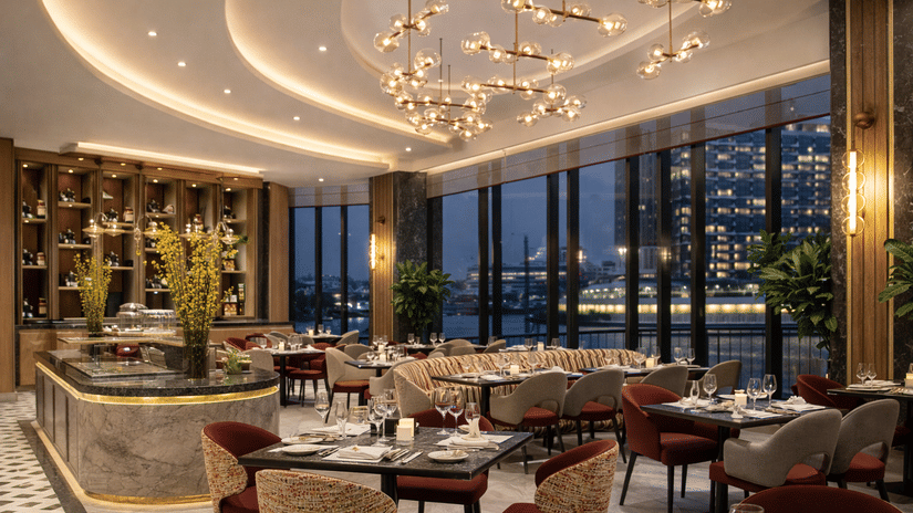 Flavours, all-day dining space at KPG Sarovar Portico, Raj Nagar Extension, Ghaziabad, with several dining tables, upholstered chairs, and an elaborate modern chandelier hanging from the ceiling.
