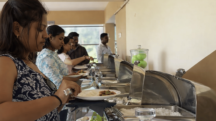 Guests enjoying buffet lunch during a corporate event at MGM Beach Resorts, Chennai.