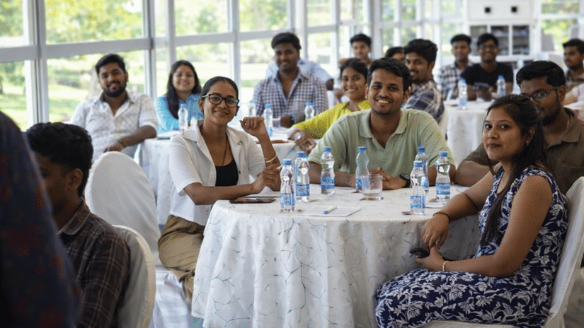 Corporate team having a networking lunch during a company outing at MGM Beach Resorts, Chennai.