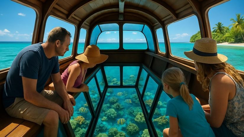 An AI-generated print of a family having a glass bottom boat ride near an island.