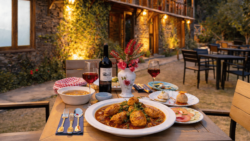 An outdoor dining table set for a dinner at dusk, featuring plates of food, wine glasses, and warm ambient lighting. - Manor Sports & Wellness Hotel