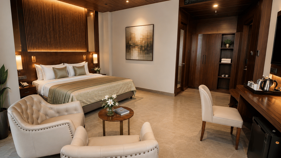 A bedroom featuring a king size bed, 2 armchairs, and a writing desk at Ananta Express, Jaunpur.