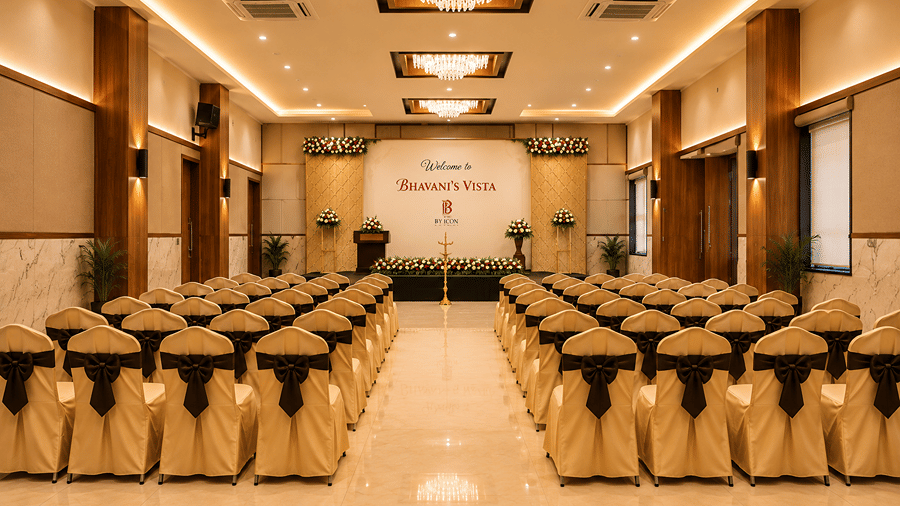 Event hall arranged theatre-style with rows of covered chairs facing a stage at Bhavani's Vista By Icon, Hosur.   
