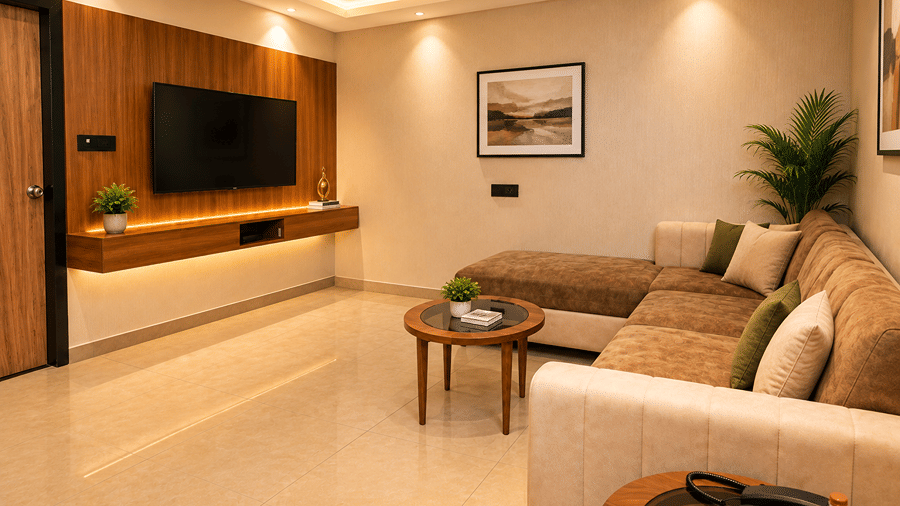 Spacious guest suite featuring a living area with L-shaped sofa and wall-mounted TV at Bhavani's Vista By Icon, Hosur.   