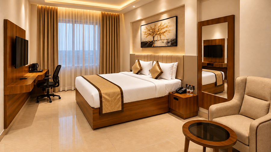 Modern guest bedroom with double bed, desk area, and armchair at Bhavani's Vista By Icon, Hosur.   