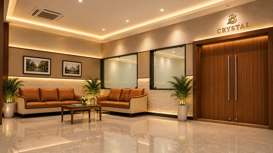 Lounge waiting area with comfortable sofas and polished flooring near function hall entrance at Bhavani's Vista By Icon, Hosur.   