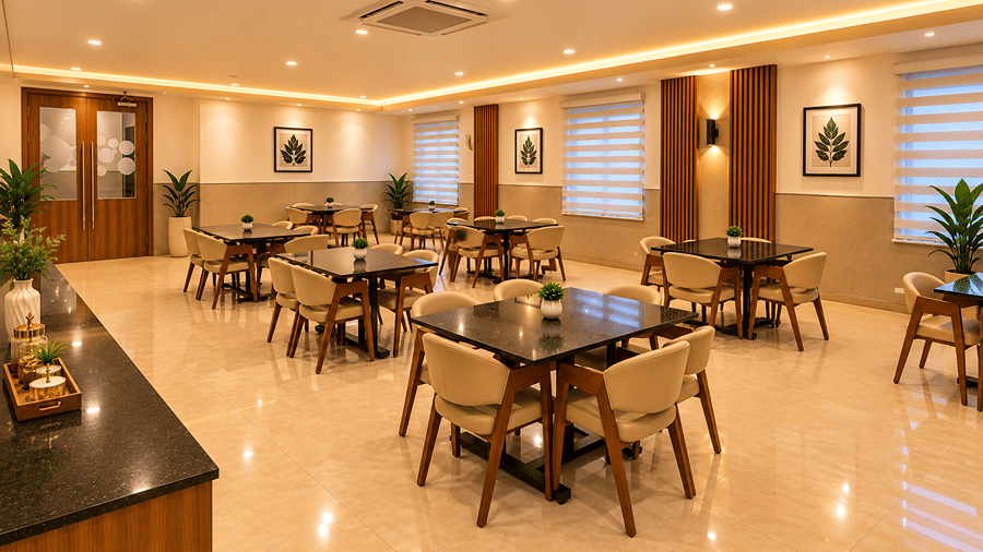 Bright indoor dining hall with arranged wooden tables and chairs at Bhavani's Vista By Icon, Hosur.   