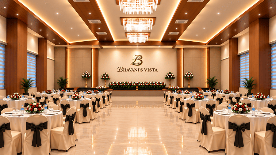Grand banquet hall set up with dining tables and formal chair covers for an event at Bhavani's Vista By Icon, Hosur.   