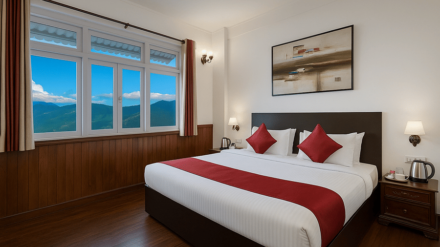 Super Deluxe Room in Darjeeling with a king size bed, wooden interiors and mountain views.