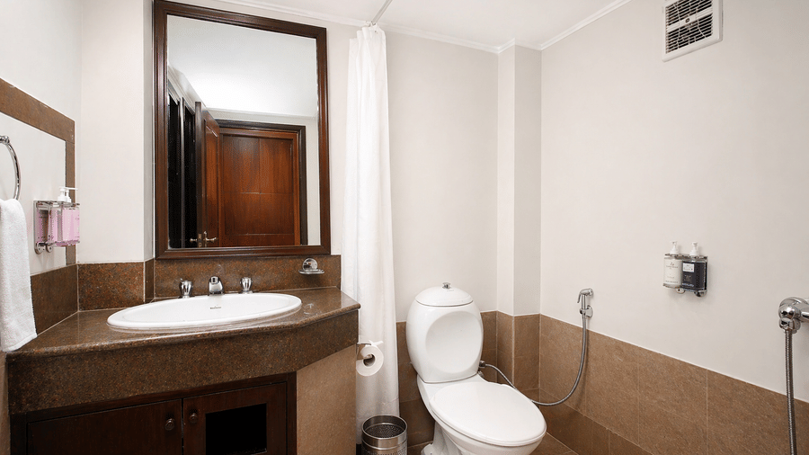 A bathroom at Central Hotels featuring a wall-mounted mirror vanity unit with sink toilet dark tiled flooring and white walls in a clean and compact layout.