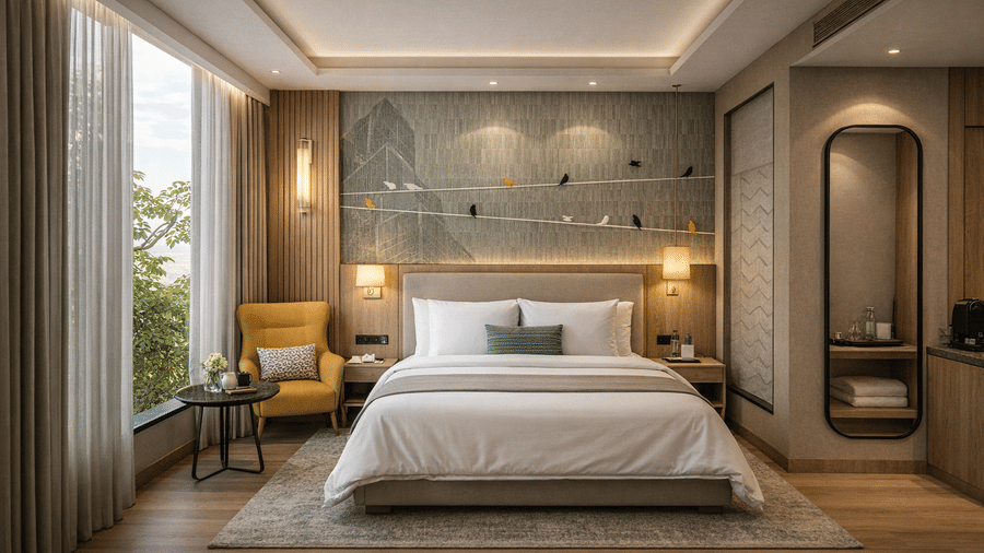A Deluxe King Room at KPG Sarovar Portico, Raj Nagar Extension, Ghaziabad, with a king size bed, a plush armchair, and a decorative wall panel depicting birds on a wire.