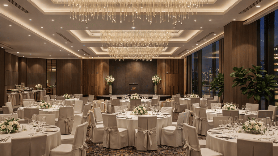 A grand ballroom at KPG Sarovar Portico, Raj Nagar Extension, Ghaziabad, hotel prepared for a formal event with numerous circular dining tables, and a large rectangular chandelier.