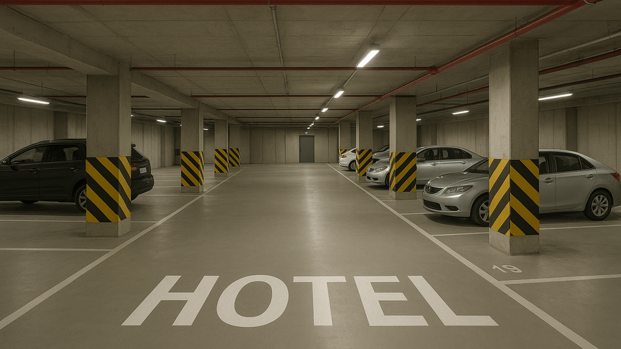 Underground parking area marked for hotel guests at La Maison Hotel, Doha.
