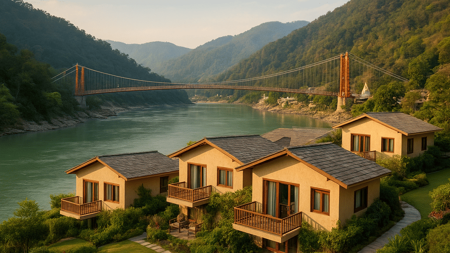 Luxury boutique cottages of Lamrin Boutique Cottages in Rishikesh, overlooking the Ganges River with the iconic Ram Jhula bridge in the background, surrounded by lush greenery and clear blue skies feature post