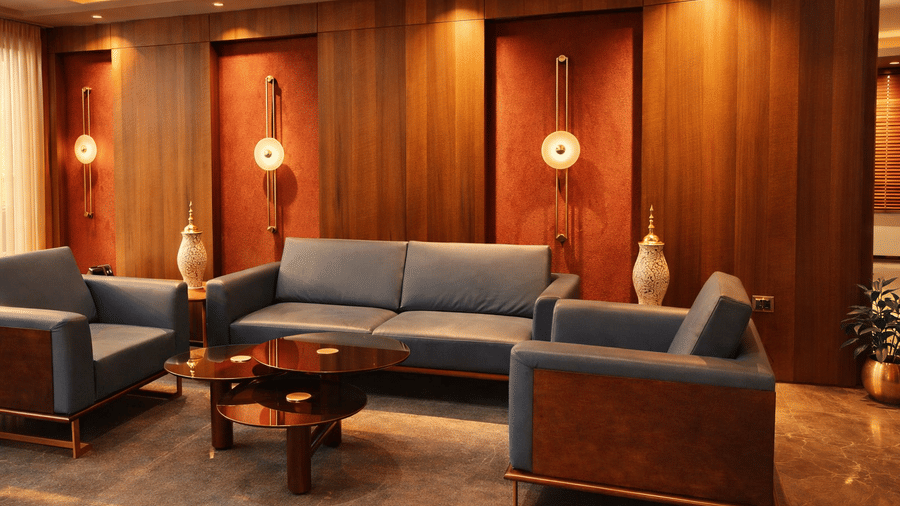 A lounge seating area with blue upholstered sofas, armchairs, and a central coffee table against a wood-panelled wall | Pride Premier Darjeeling