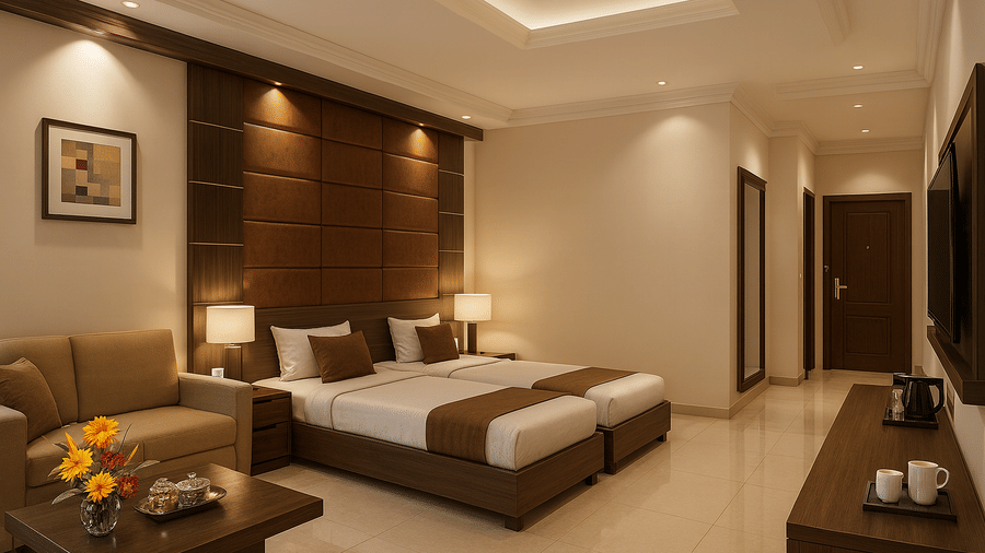 Twin bed room in Sarovar Portico, Bhubaneswar, seen with twin beds in a room with marble flooring, ample moody lighting, a seating area, and a wall-mounted TV.