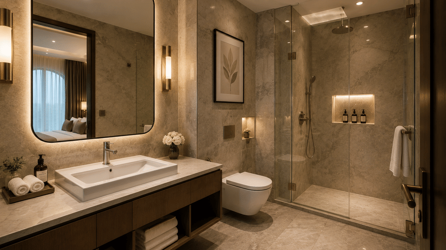 En-suite bathroom at Tulip Inn Bidar featuring a washbasin counter with a rectangular mirror, a toilet, and a glass-enclosed shower cubicle.