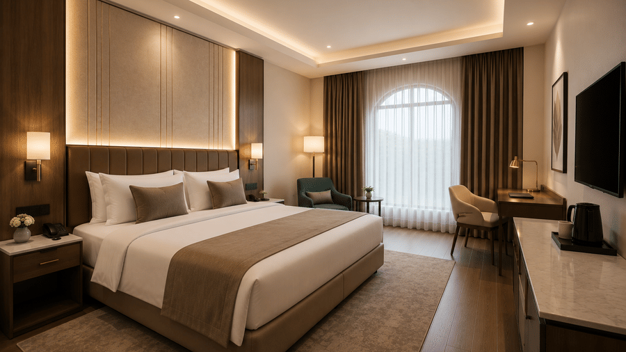 Standard Room at Tulip Inn Bidar featuring a double bed, 2 nightstands, an armchair, a work desk with a chair, and a window with curtains.