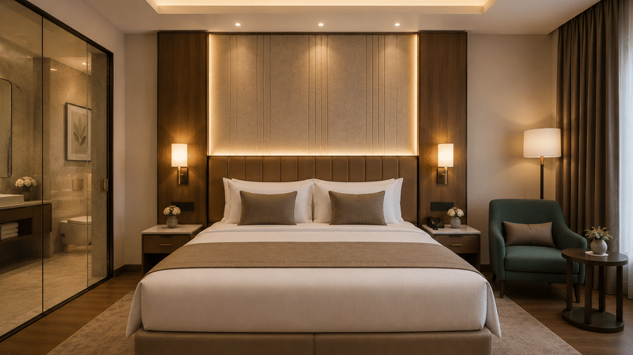 Standard Room at Tulip Inn Bidar featuring a double bed, bedside tables with lamps, an armchair with a small round table, and a glass-enclosed bathroom.
