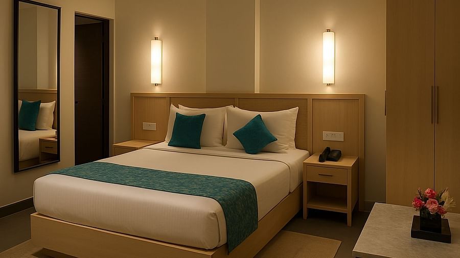 Warmly lit bedroom at the Voyage The Solitaire Bliss with a king bed, side table, mirror and a wardrobe. 