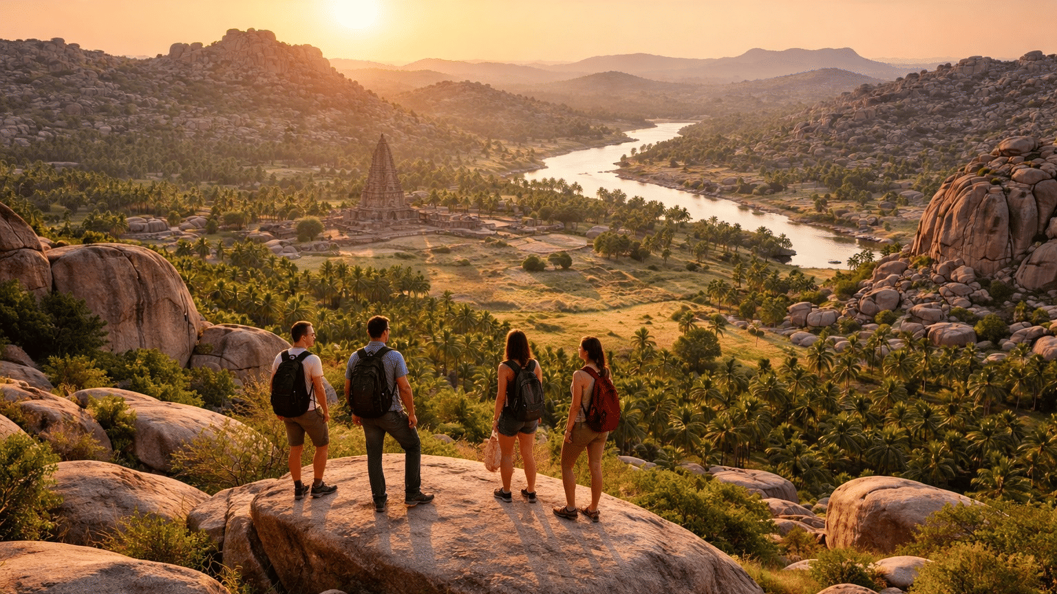 Adventure resorts near Hampi with boulder landscape and ancient ruins at golden hour
