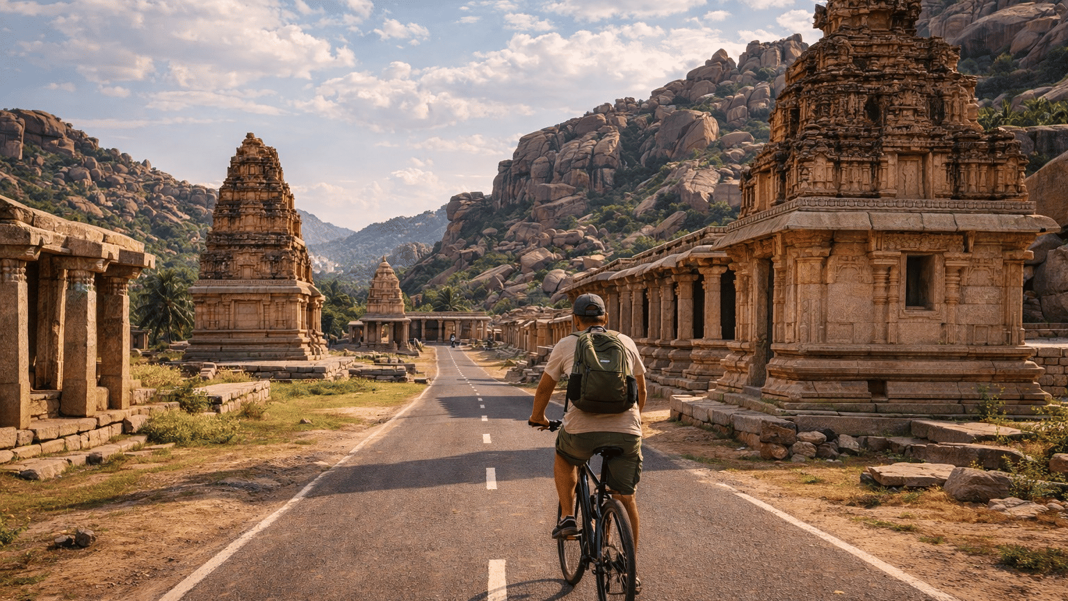 Cycling in Hampi through temple ruins