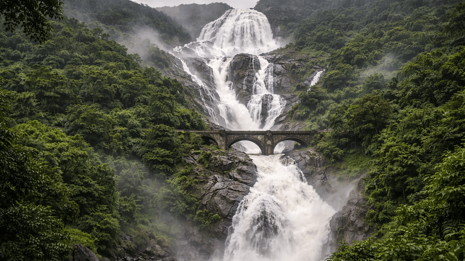 Dudhsagar waterfall flowing through Western Ghats mountains
