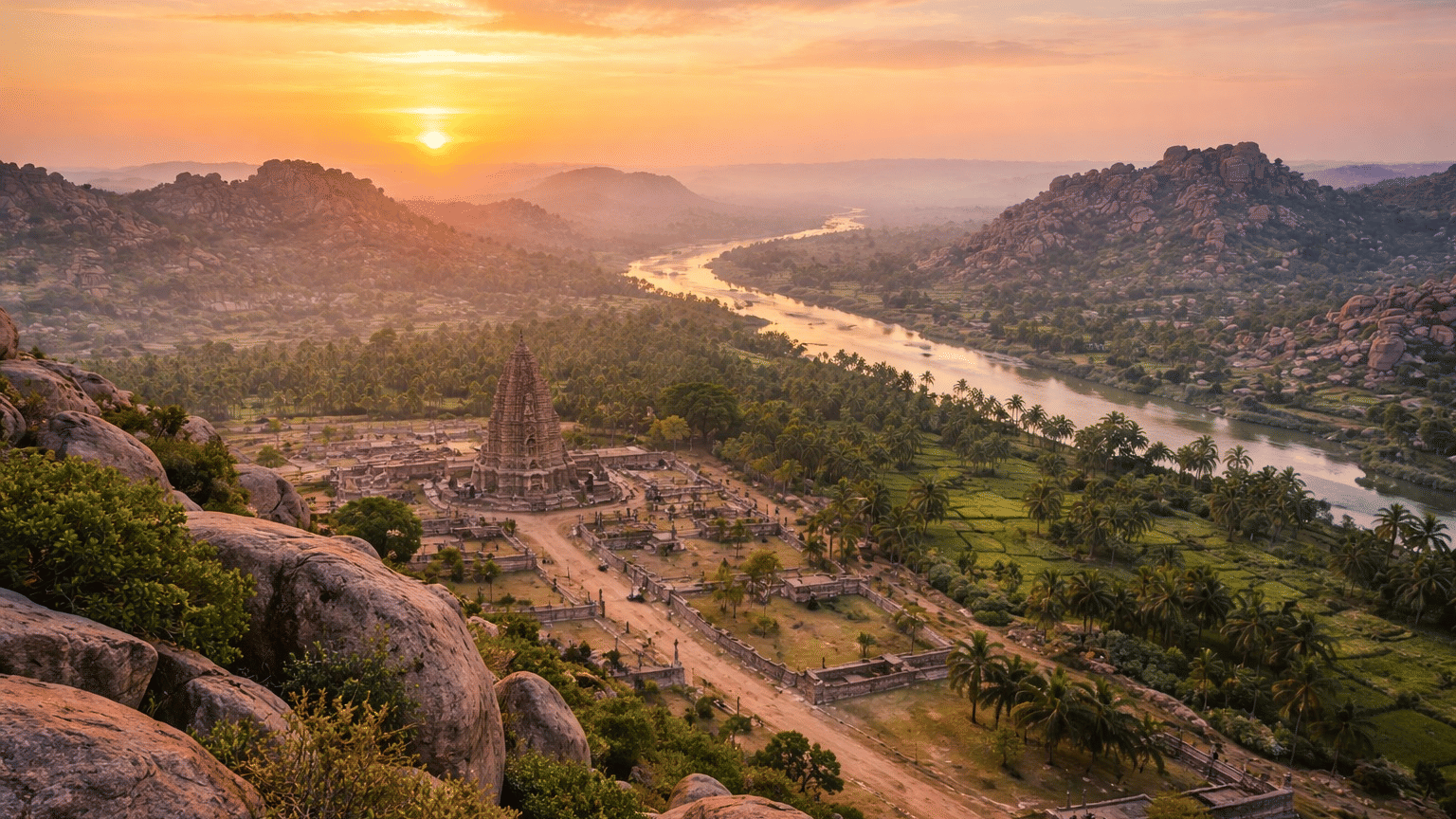 Hampi ruins view from Matanga Hill sunrise
